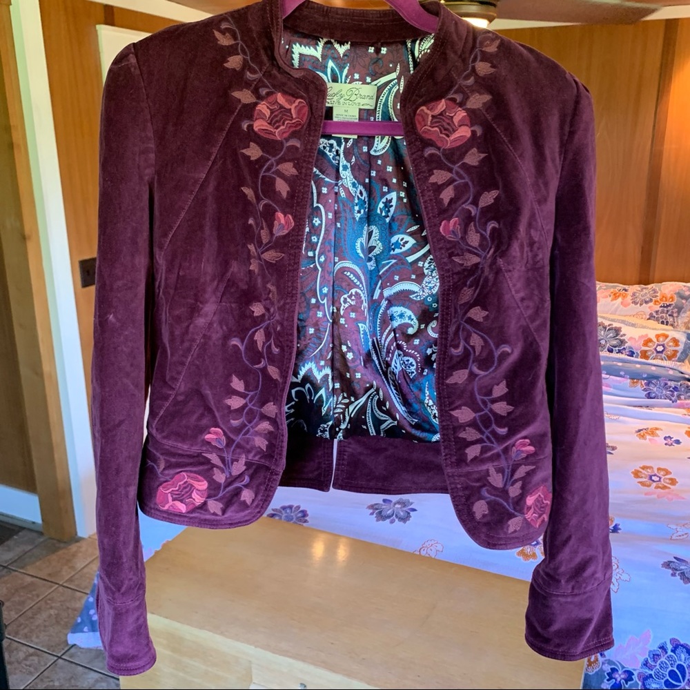 Lucky Brand maroon velvet embroidered jacket